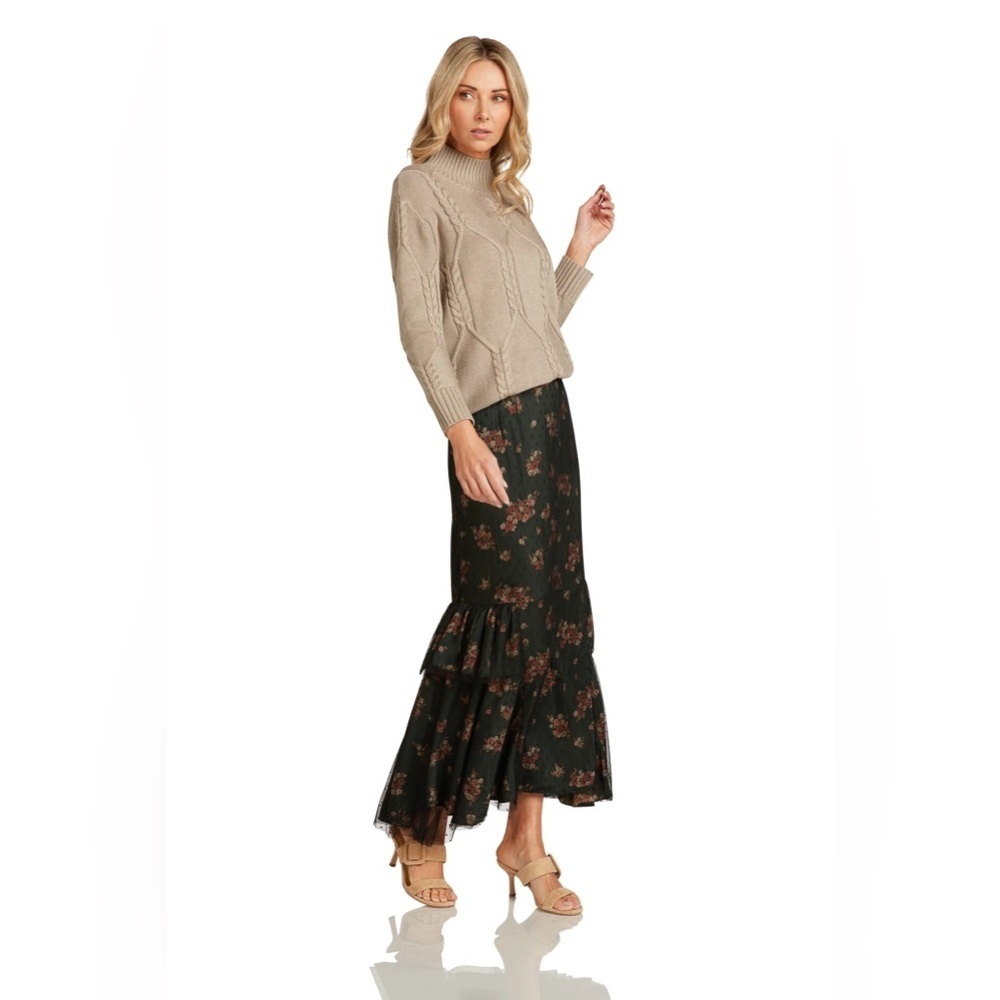 Trish Scully Floral Maxi Skirt Green Black Lace Tiered Ruffle Size 0 Boho Romant